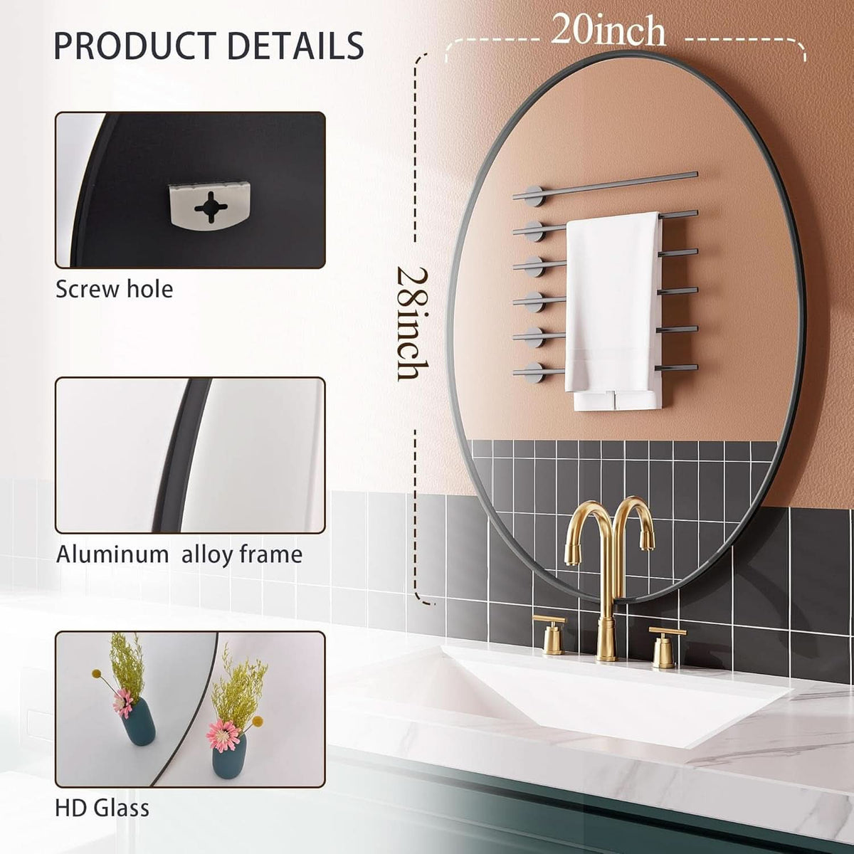 Oval Bathroom Mirror 20x28 Black Aluminum Frame Nano Glass