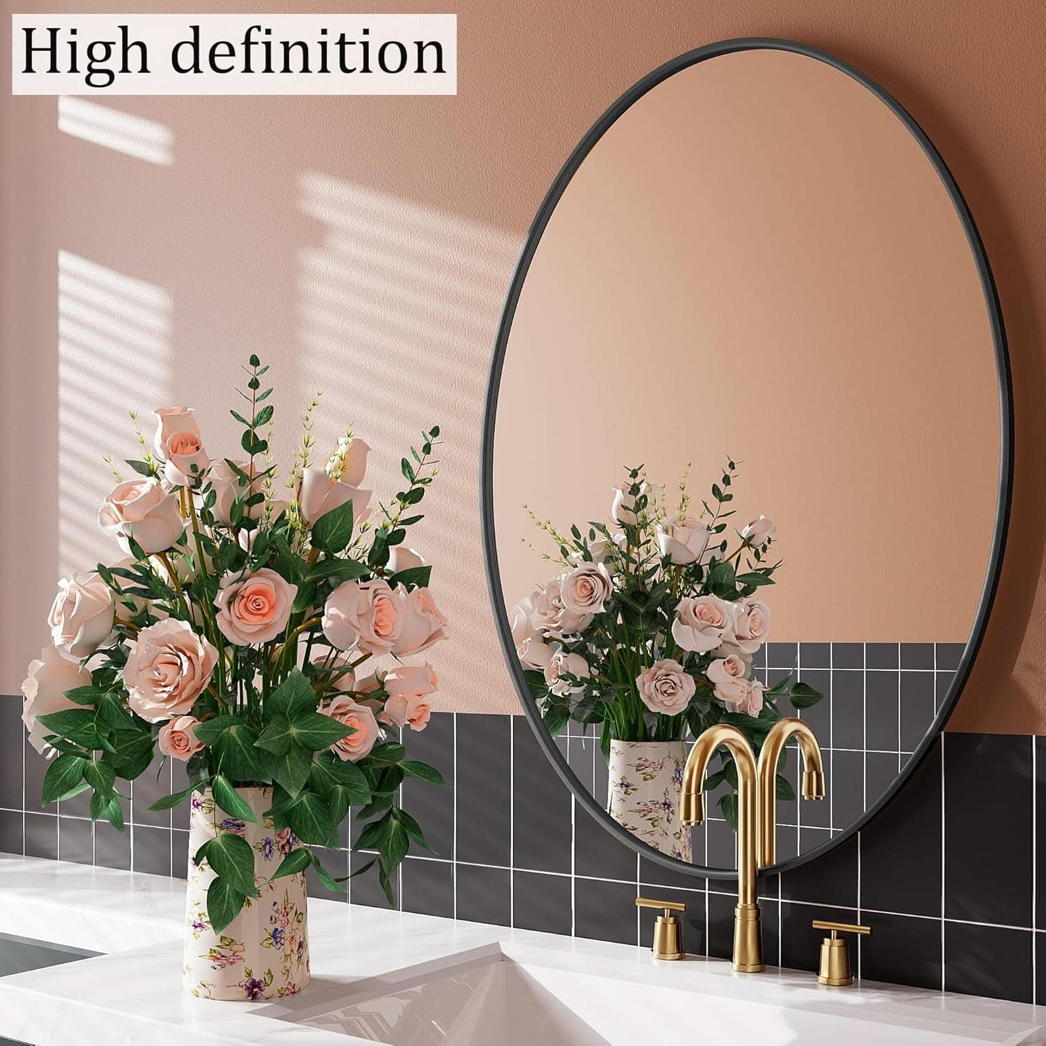 Oval Bathroom Mirror 20x28 Black Aluminum Frame Nano Glass