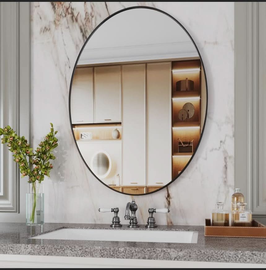 Oval Bathroom Mirror 20x28 Black Aluminum Frame Nano Glass