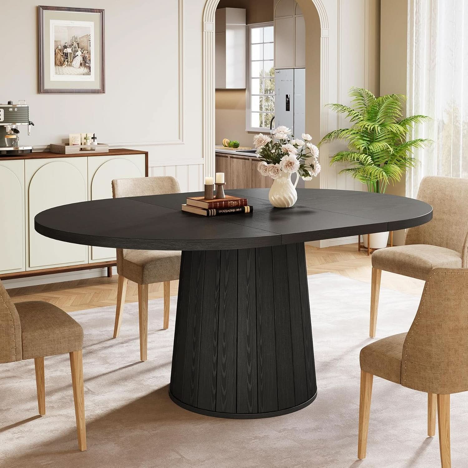 Oval Dining Table 55 Inch Black With Cylindrical Pedestal