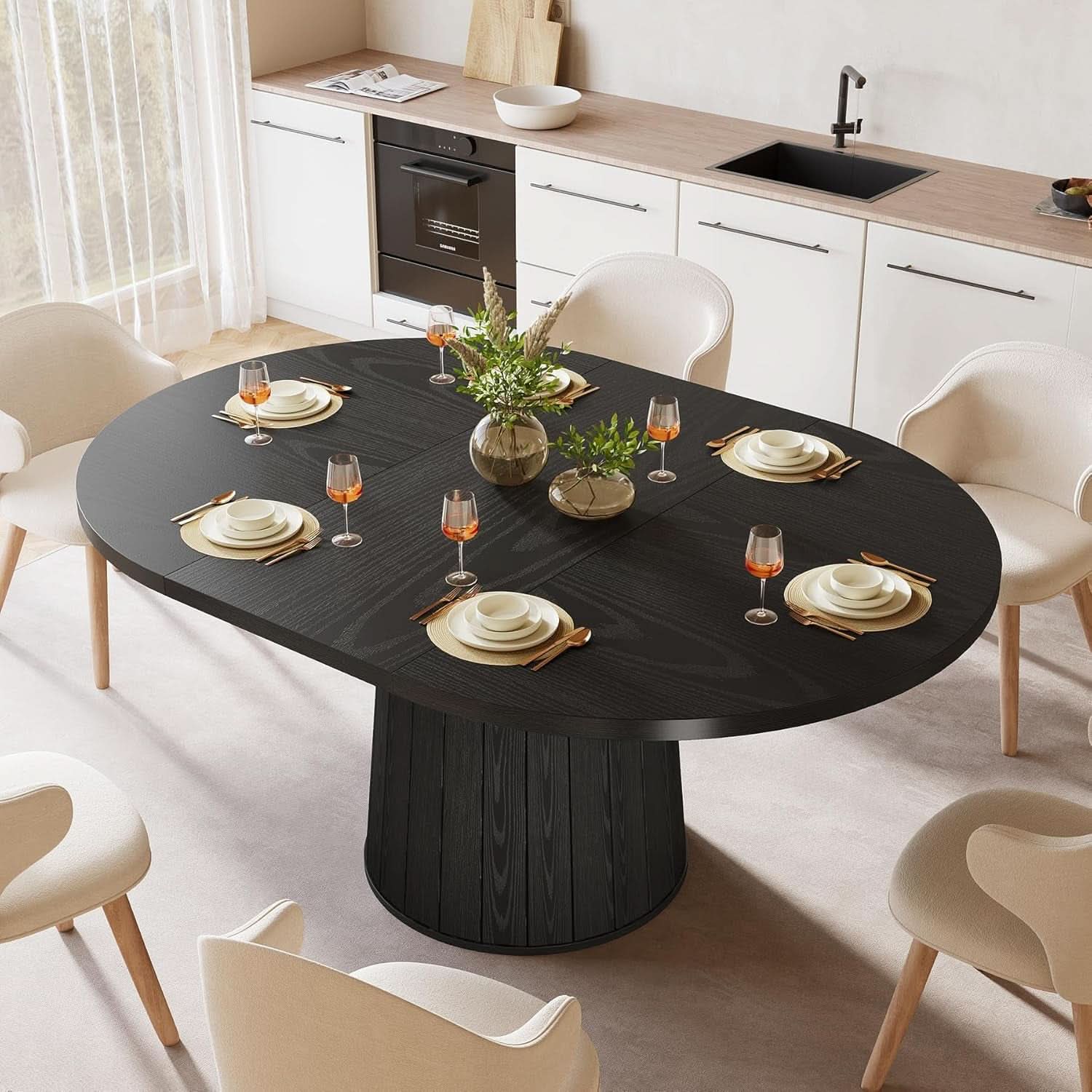 Oval Dining Table 55 Inch Black With Cylindrical Pedestal