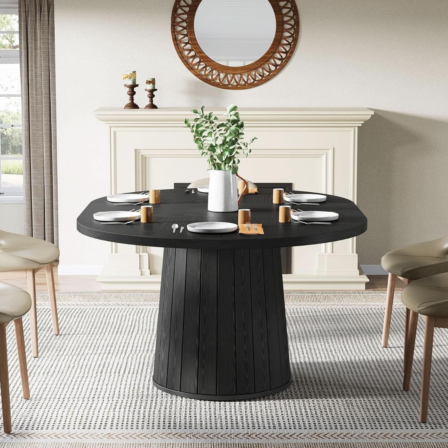 Oval Dining Table 55 Inch Black With Cylindrical Pedestal