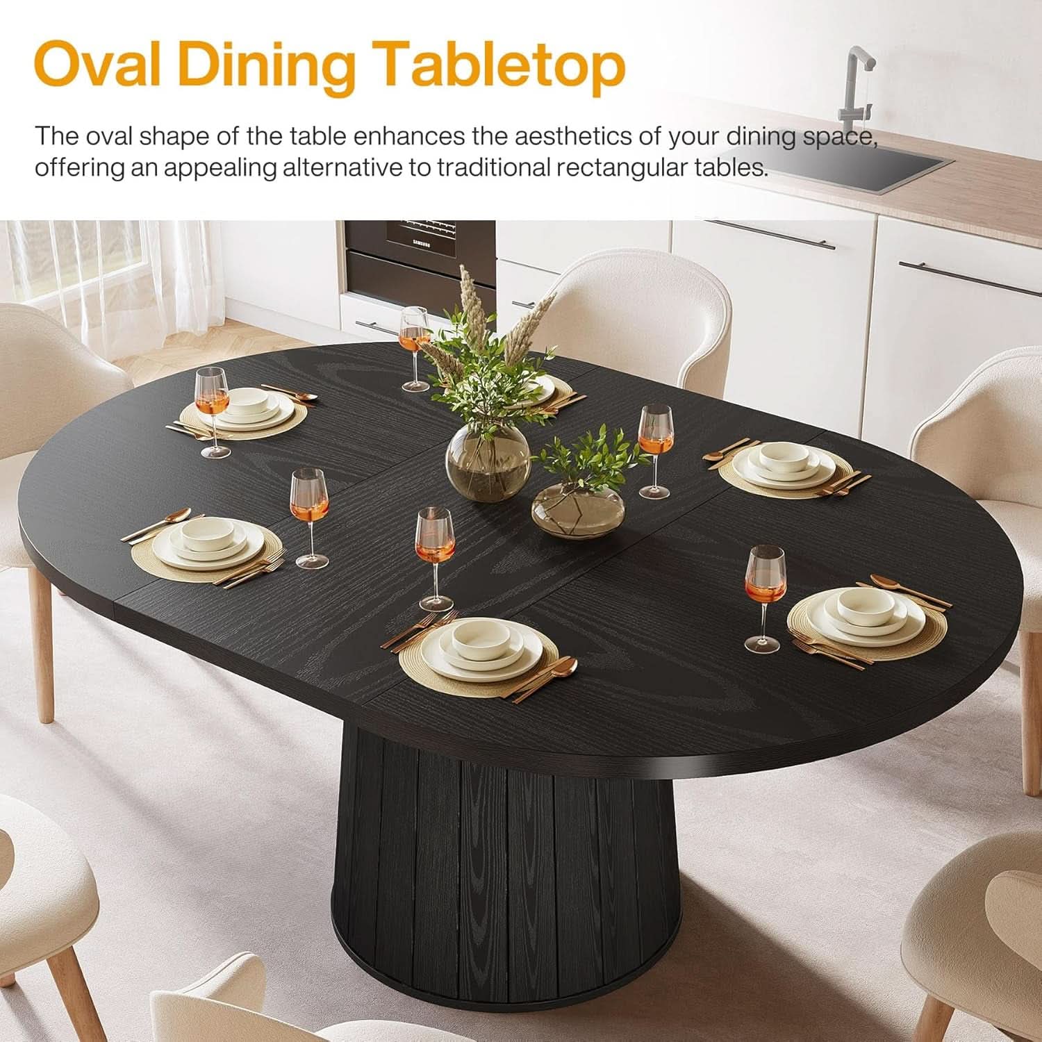 Oval Dining Table 55 Inch Black With Cylindrical Pedestal