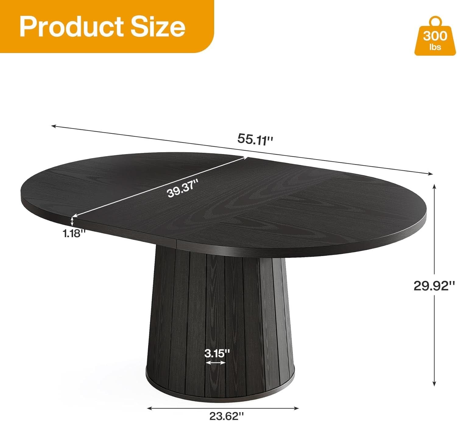 Oval Dining Table 55 Inch Black With Cylindrical Pedestal