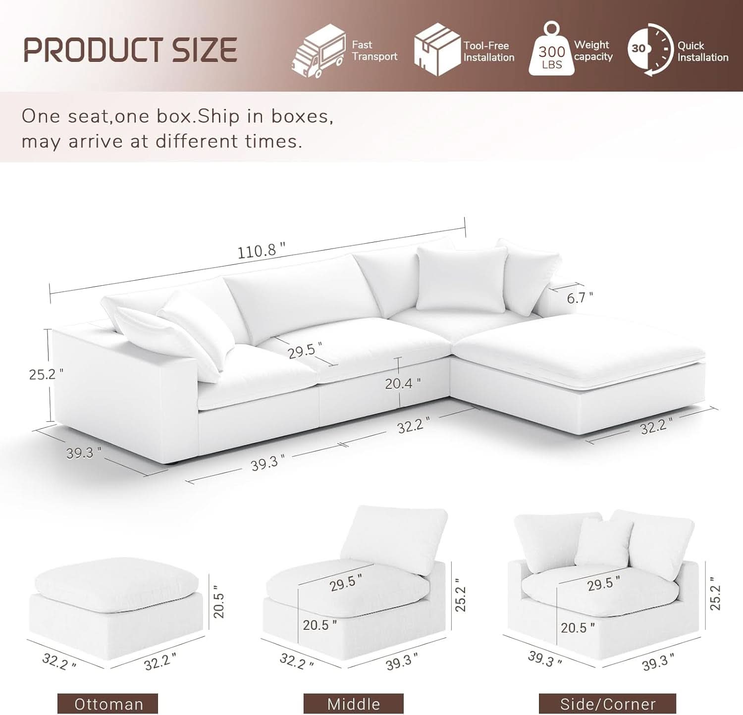 Oversize Modular Sectional Sofa with Chaise and Cushions