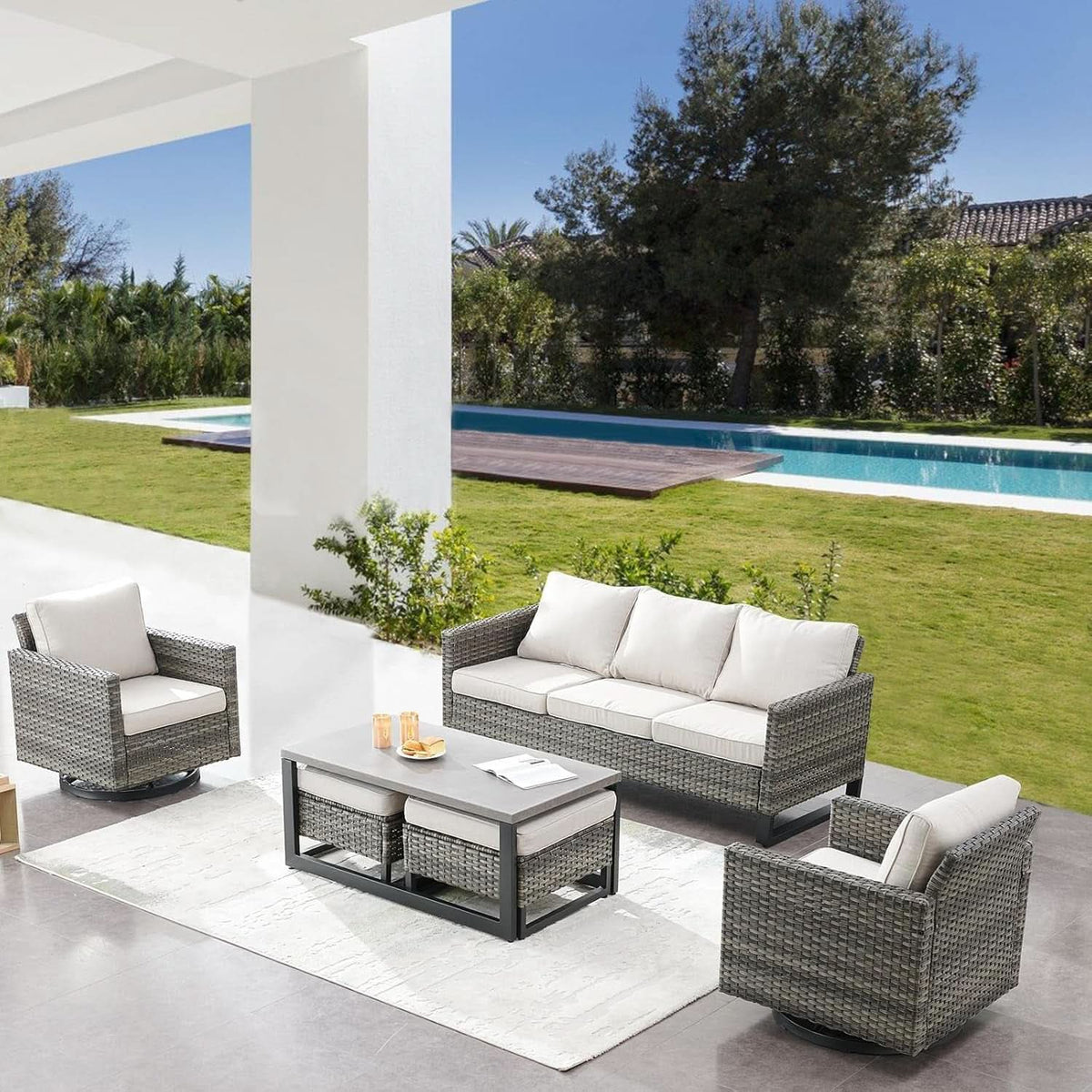 Oversize Outdoor Wicker Patio Sofa Set With Swivel Chairs