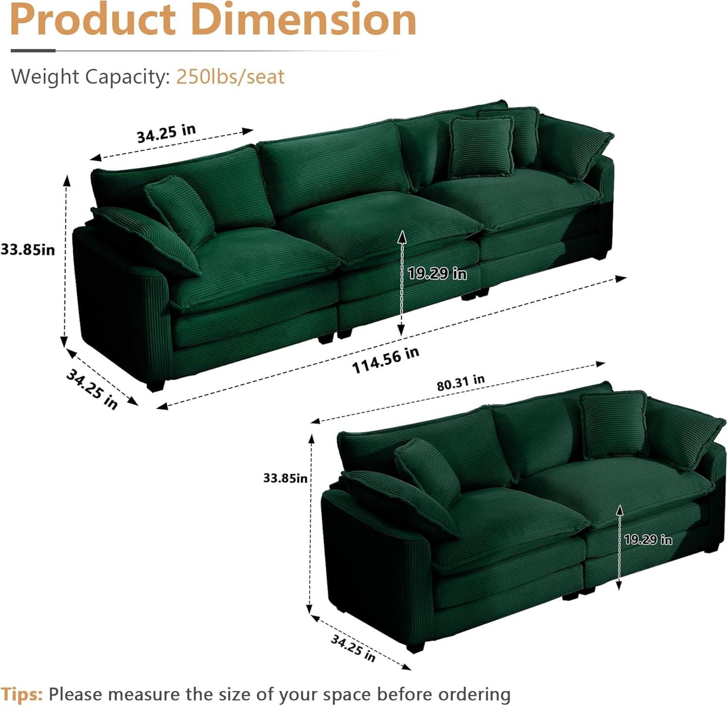 Oversized 2 Piece Sofa Set 3 Seater Loveseat Green