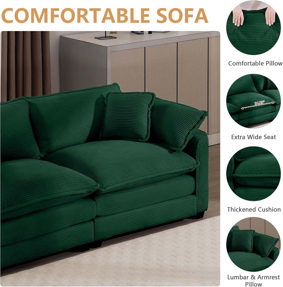 Oversized 2 Piece Sofa Set 3 Seater Loveseat Green