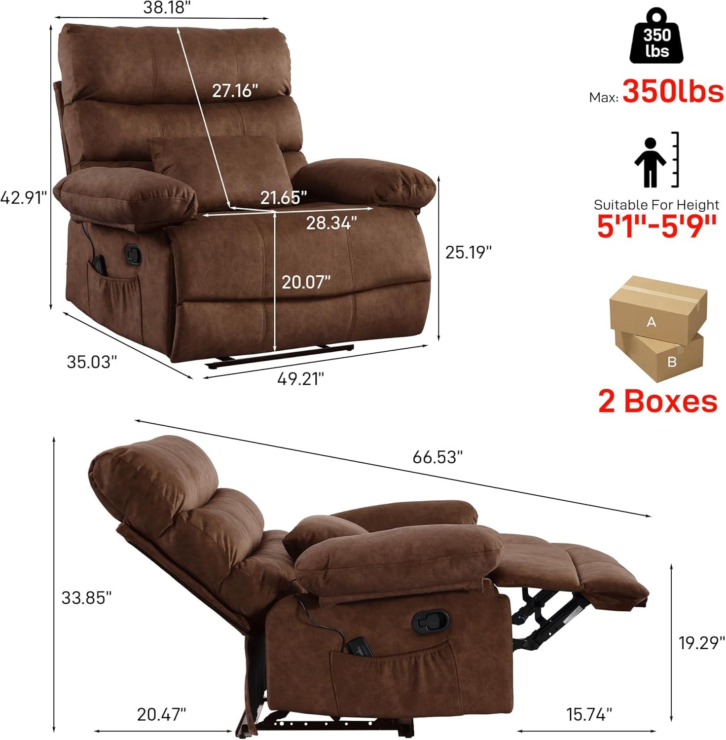 Oversized 28 Inch Wide Recliner Chair With Massage And Heat