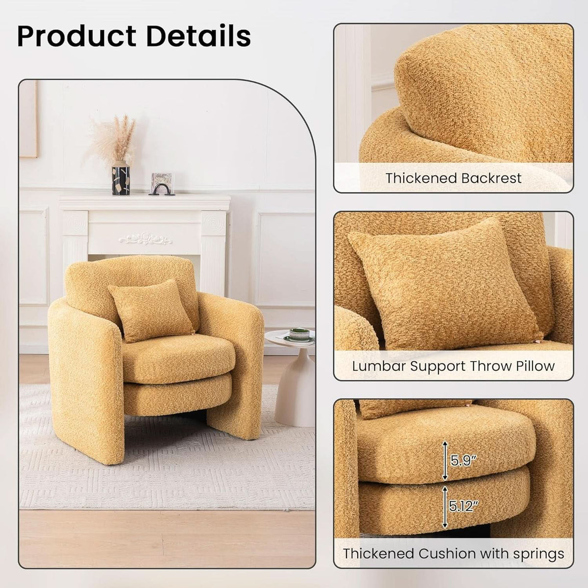 Oversized Accent Chair Yellow Chenille Armchair Living