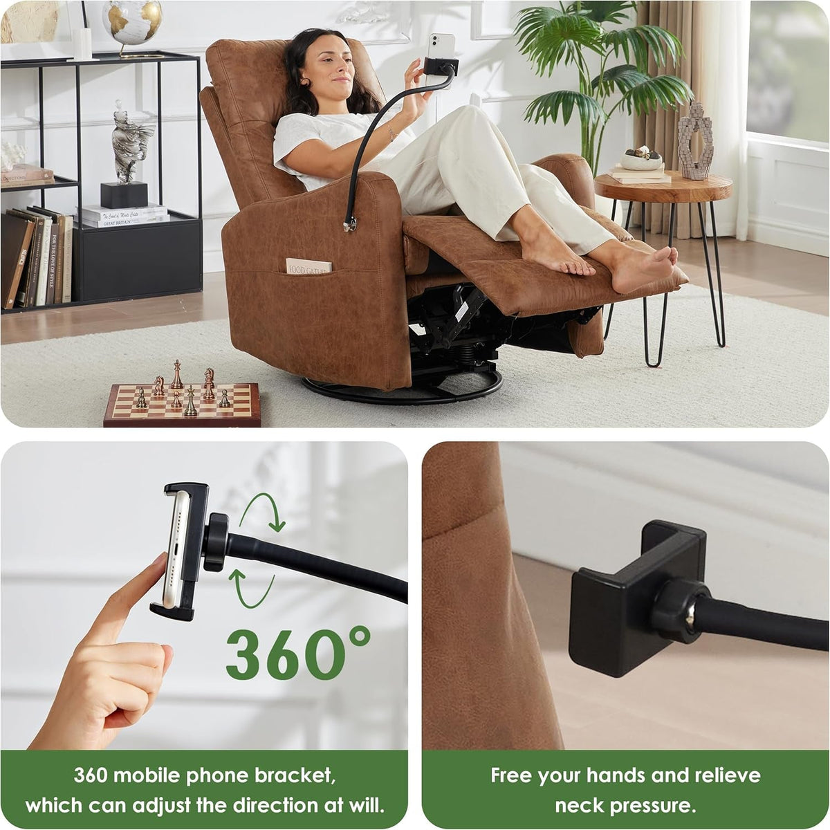 Oversized Brown Leather Recliner With Phone Holder
