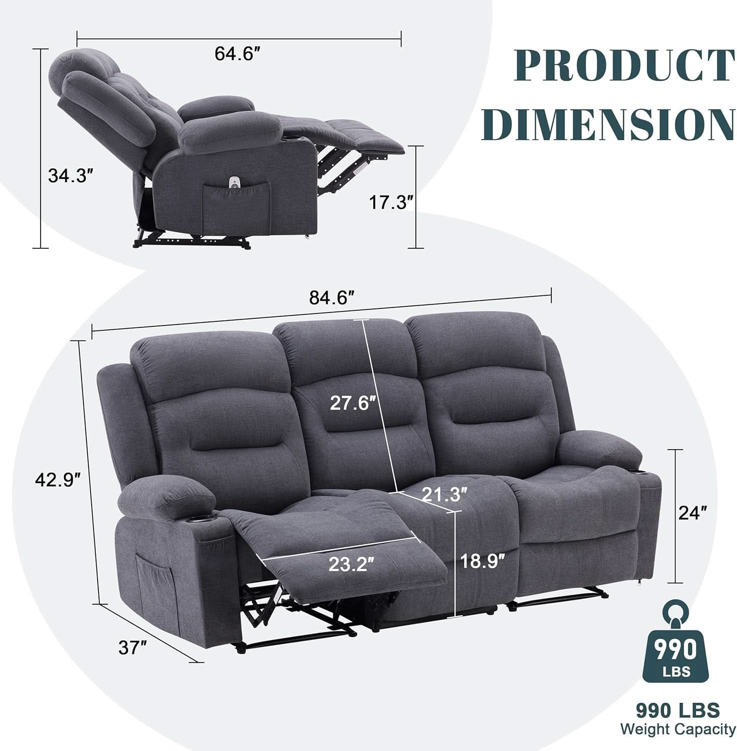Oversized Charcoal Grey Recliner Sofa With USB Port And Heated Massage