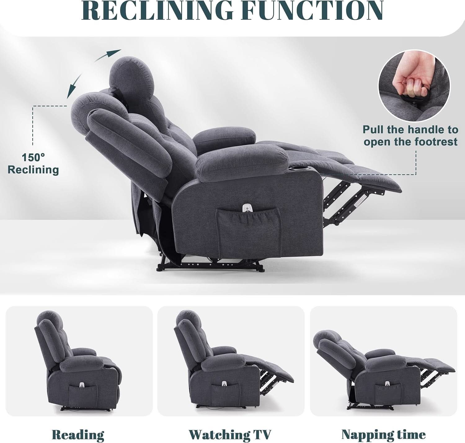 Oversized Charcoal Grey Recliner Sofa With USB Port And Heated Massage
