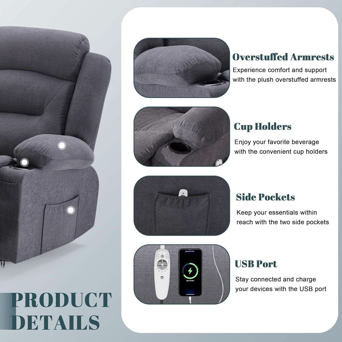 Oversized Charcoal Grey Recliner Sofa With USB Port And Heated Massage