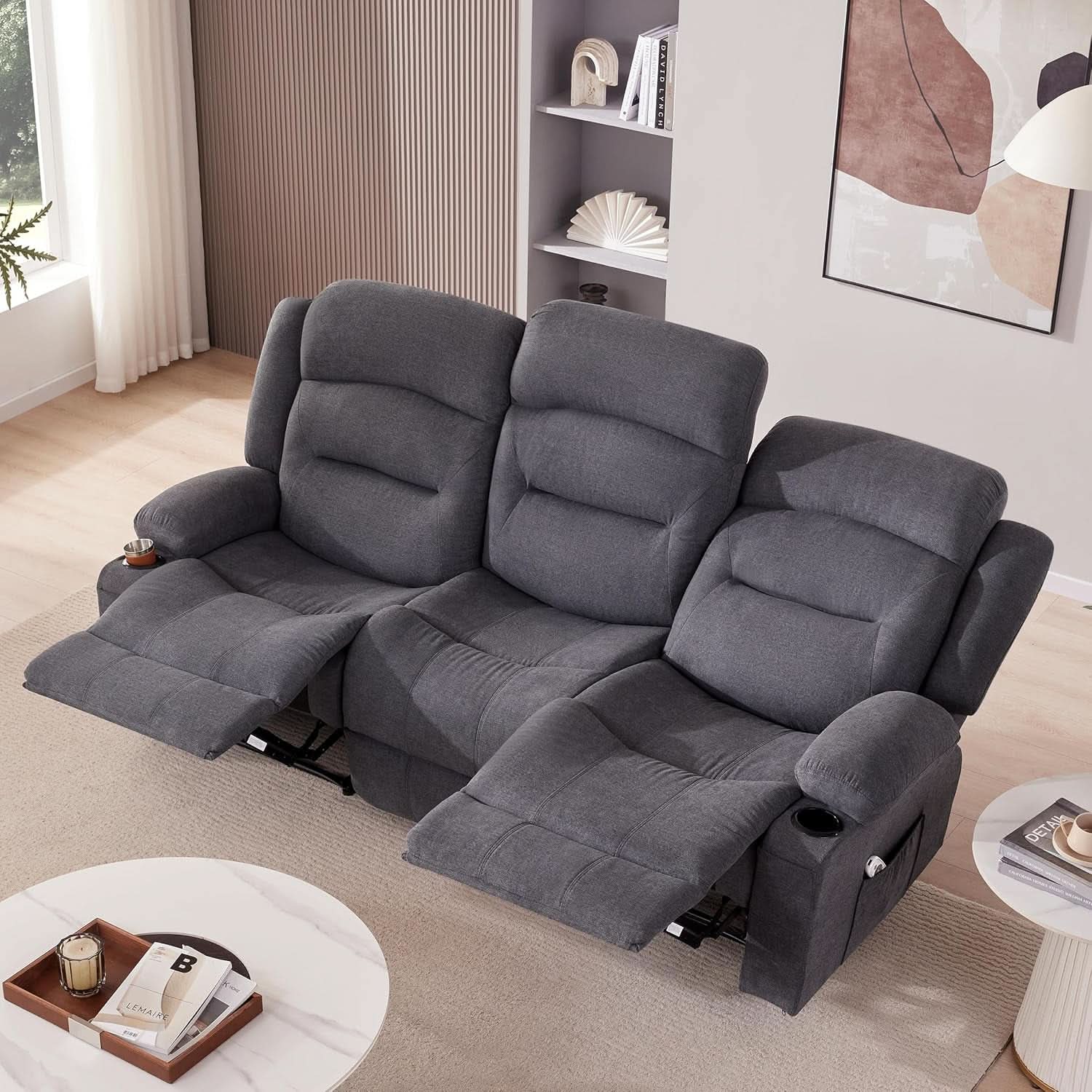 Oversized Charcoal Grey Recliner Sofa With USB Port And Heated Massage