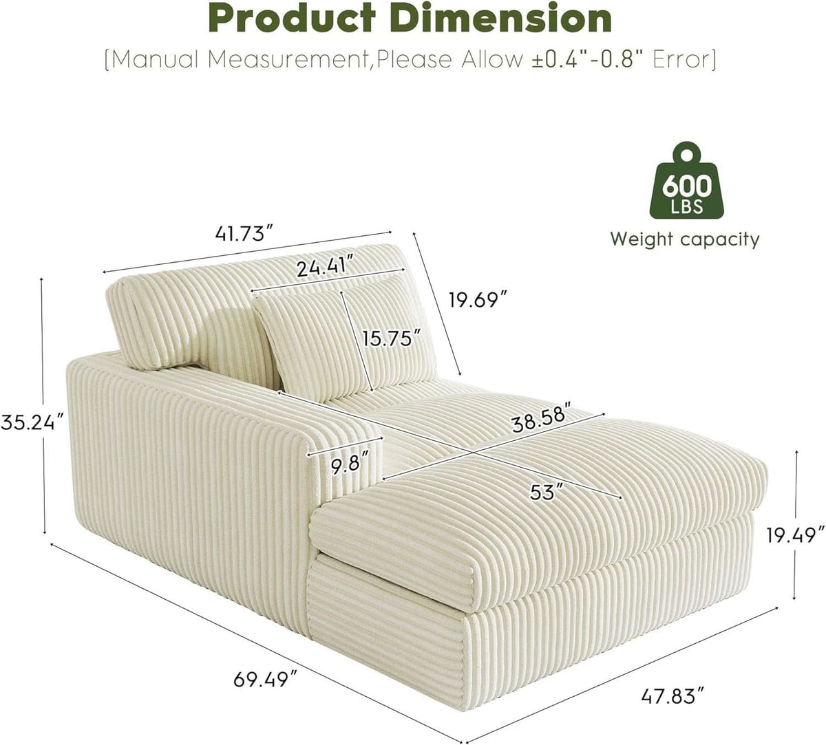 Oversized Corduroy Chaise Lounge Chair Snow White Plush