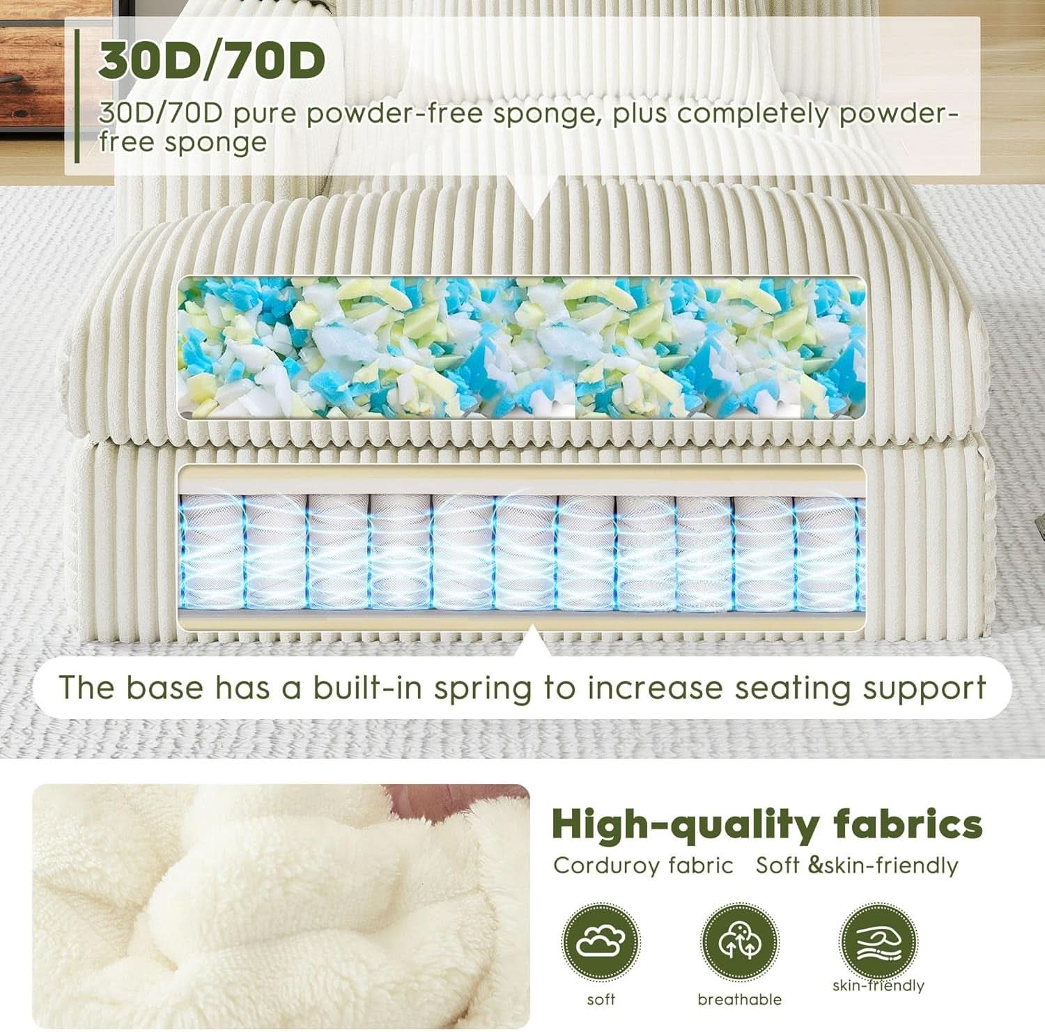 Oversized Corduroy Chaise Lounge Chair Snow White Plush