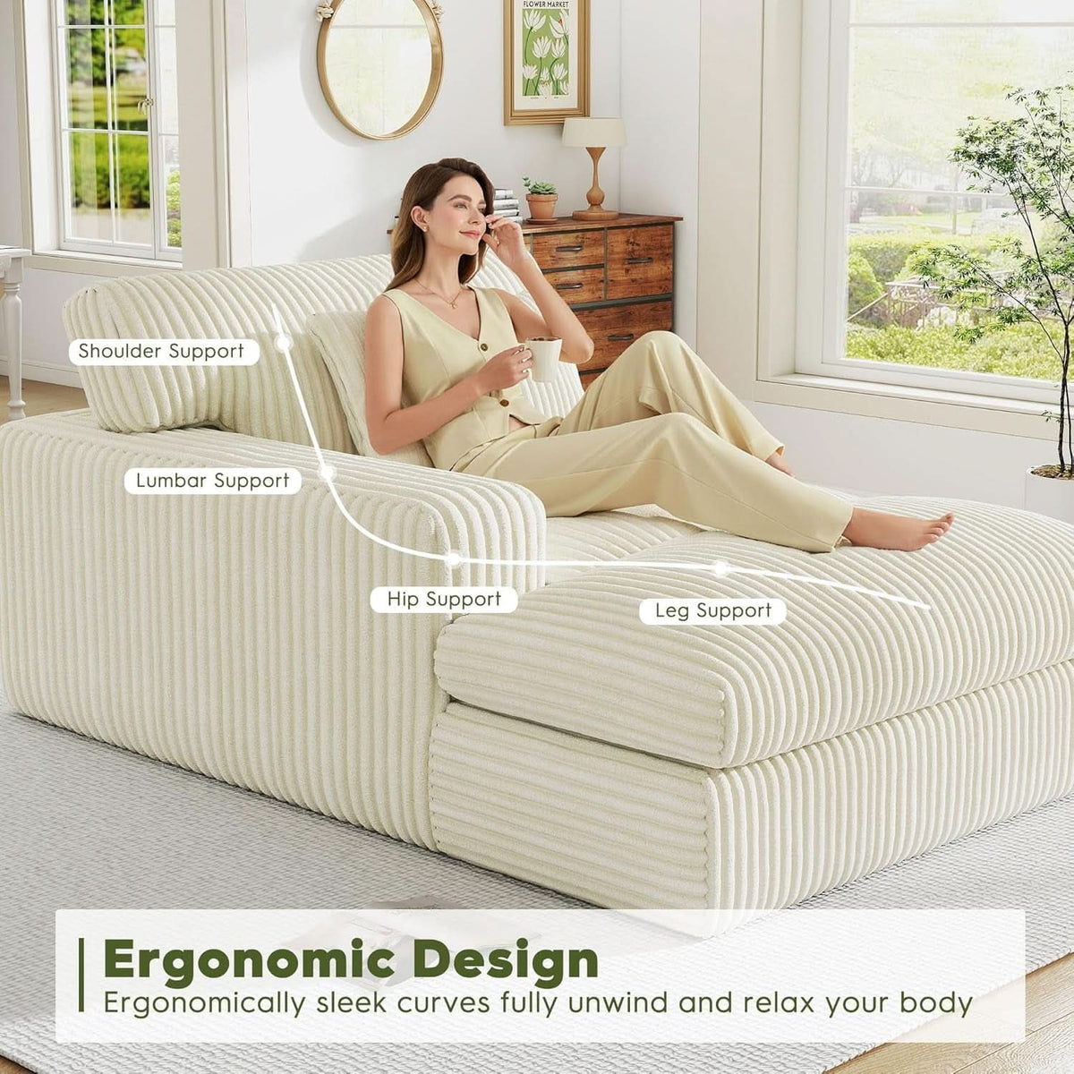 Oversized Corduroy Chaise Lounge Chair Snow White Plush