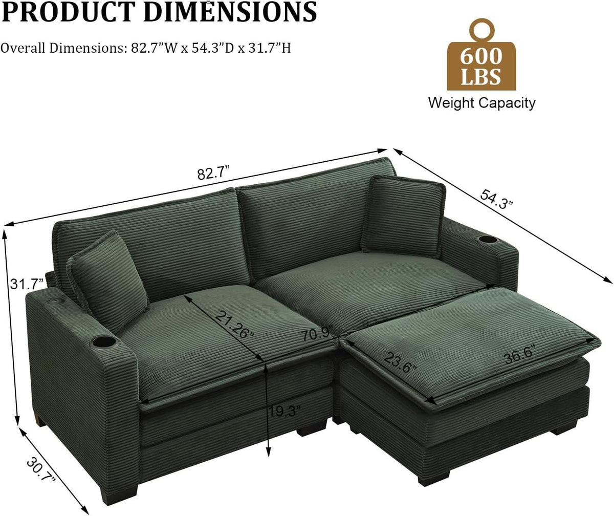 Oversized Corduroy Sectional Couch with USB and Cup Holders