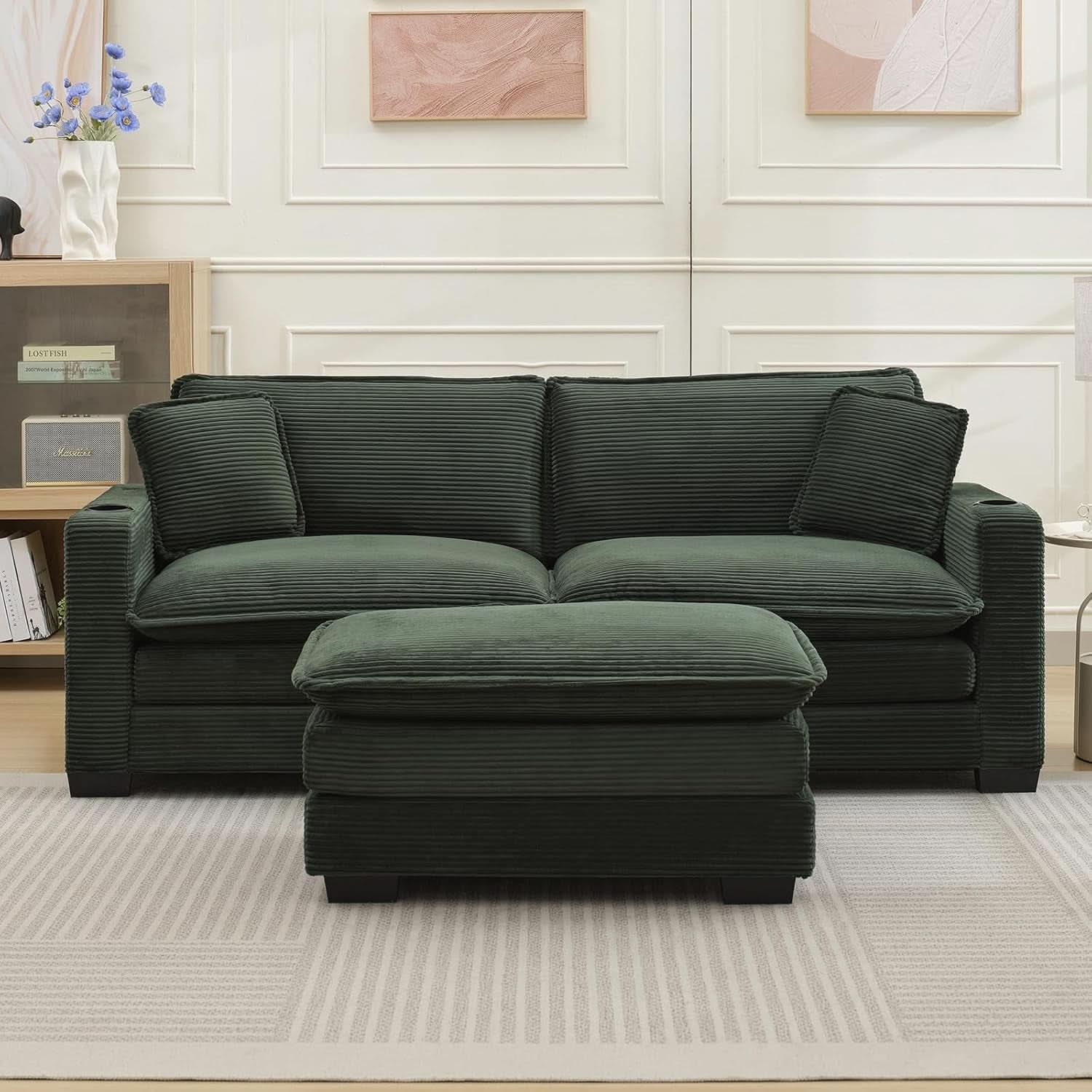 Oversized Corduroy Sectional Couch with USB and Cup Holders