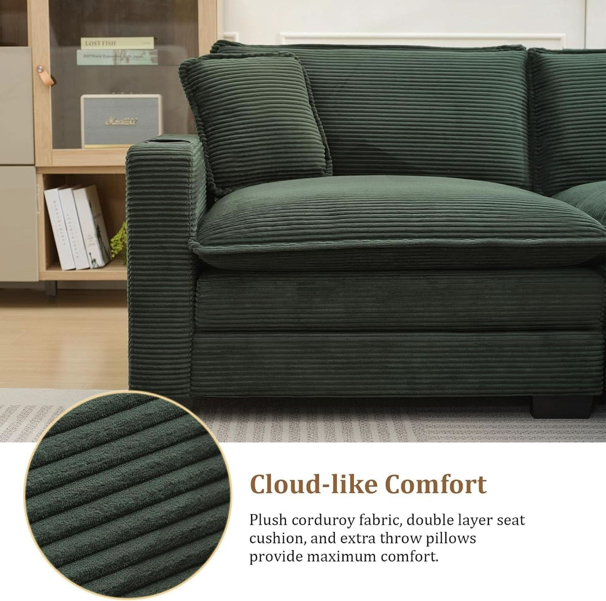 Oversized Corduroy Sectional Couch with USB and Cup Holders