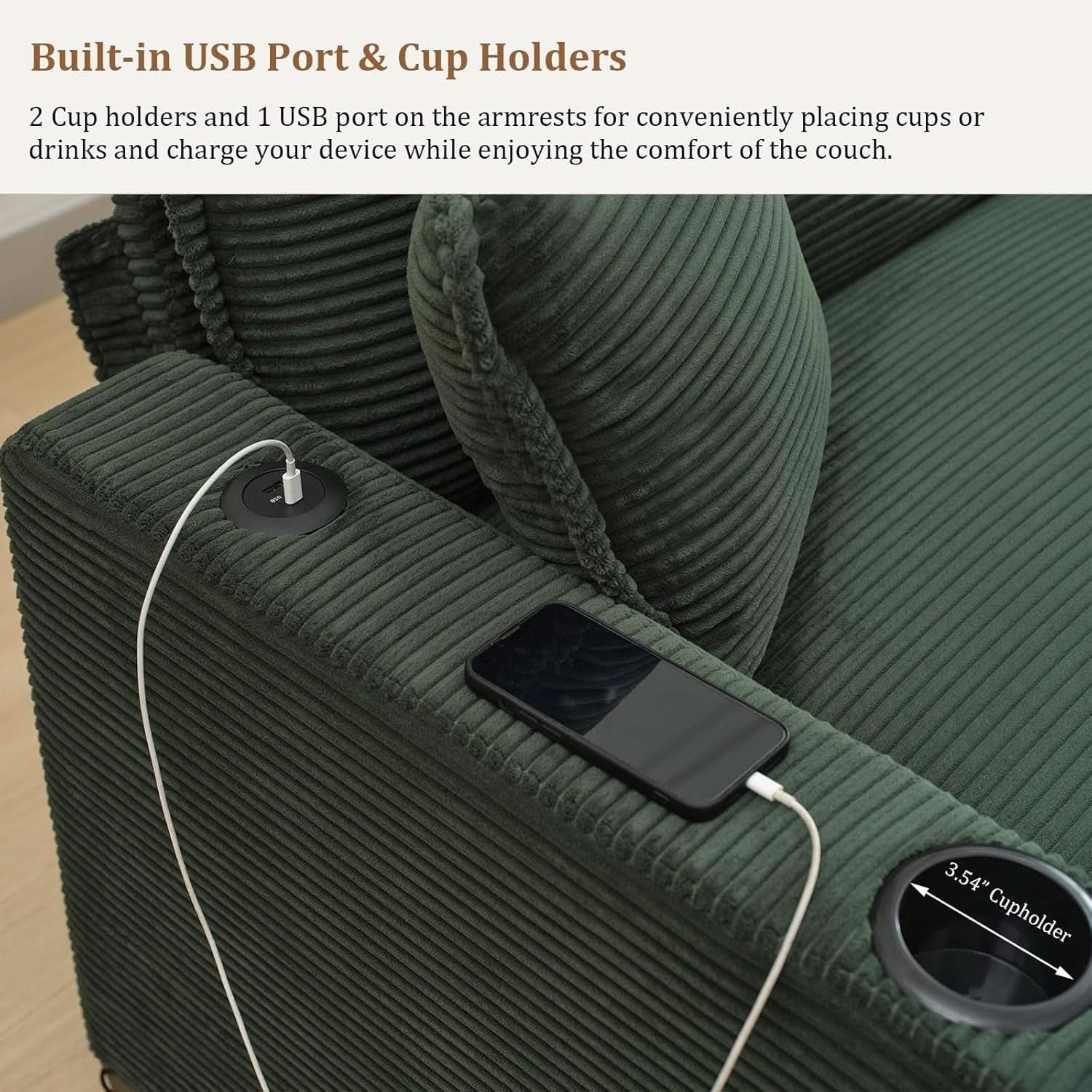 Oversized Corduroy Sectional Couch with USB and Cup Holders