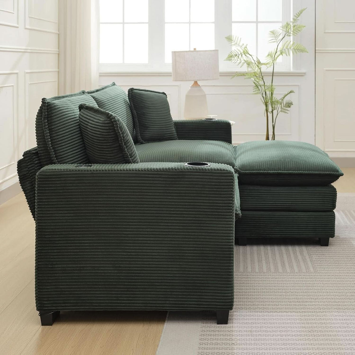 Oversized Corduroy Sectional Couch with USB and Cup Holders