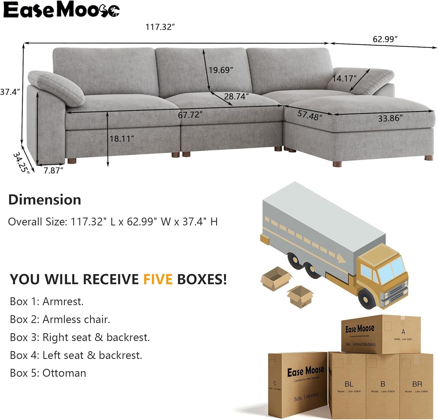 Oversized Deep Seat L Shape Sectional Sofa with Ottoman