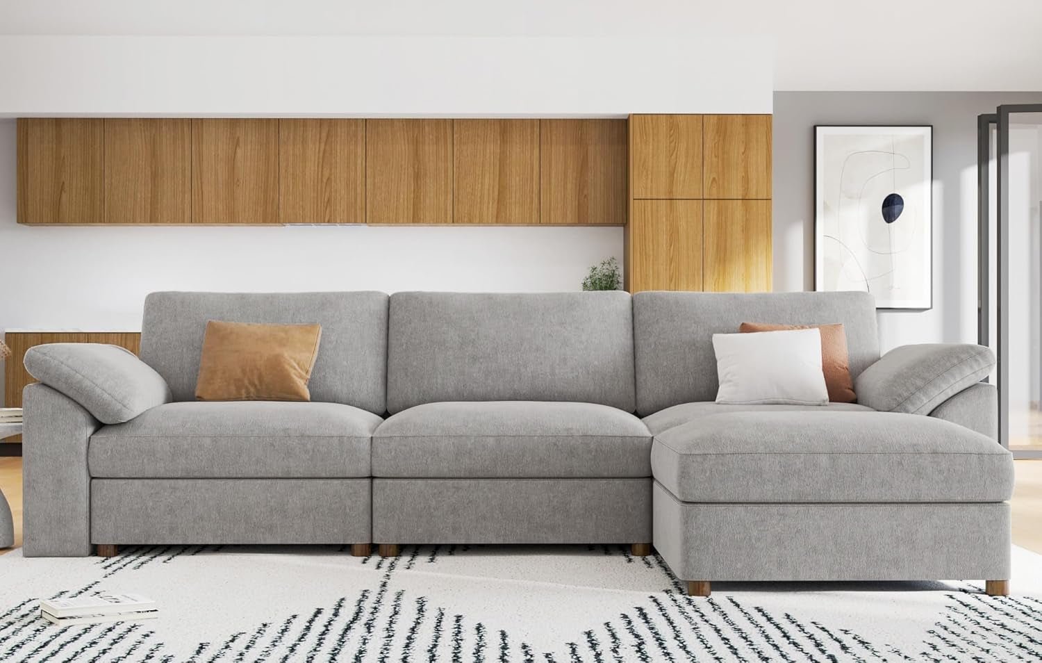Oversized Deep Seat L Shape Sectional Sofa with Ottoman