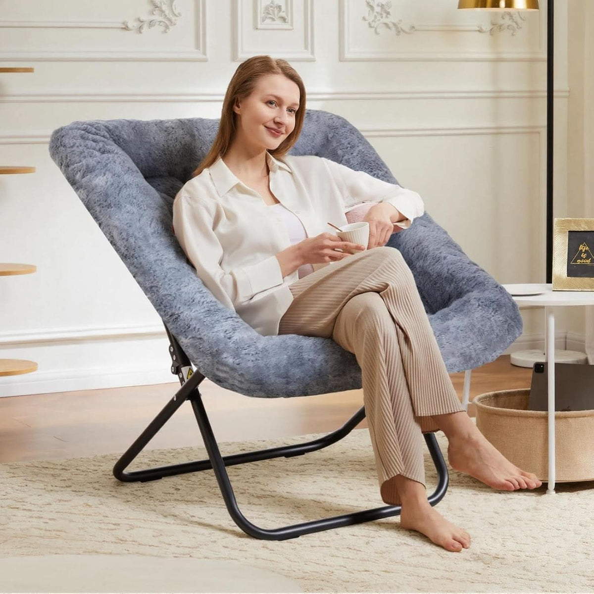 Oversized FauxFur Folding Lounge Chair Charcoal Gray