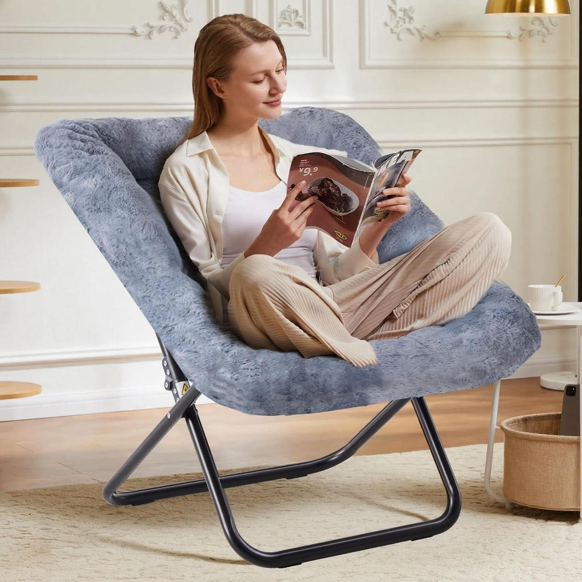 Oversized FauxFur Folding Lounge Chair Charcoal Gray