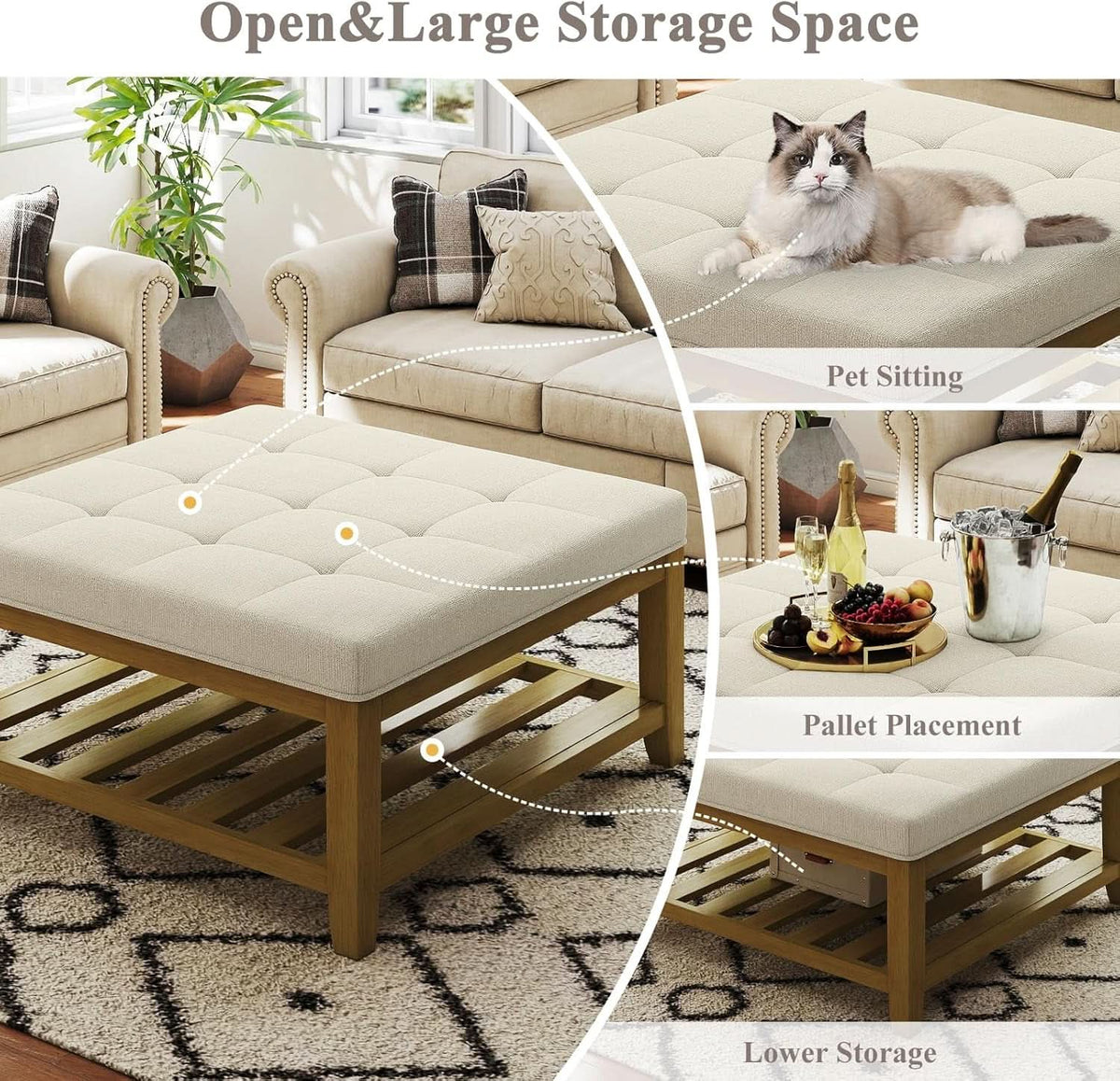 Oversized Ivory Upholstered Ottoman With Wooden Shelf