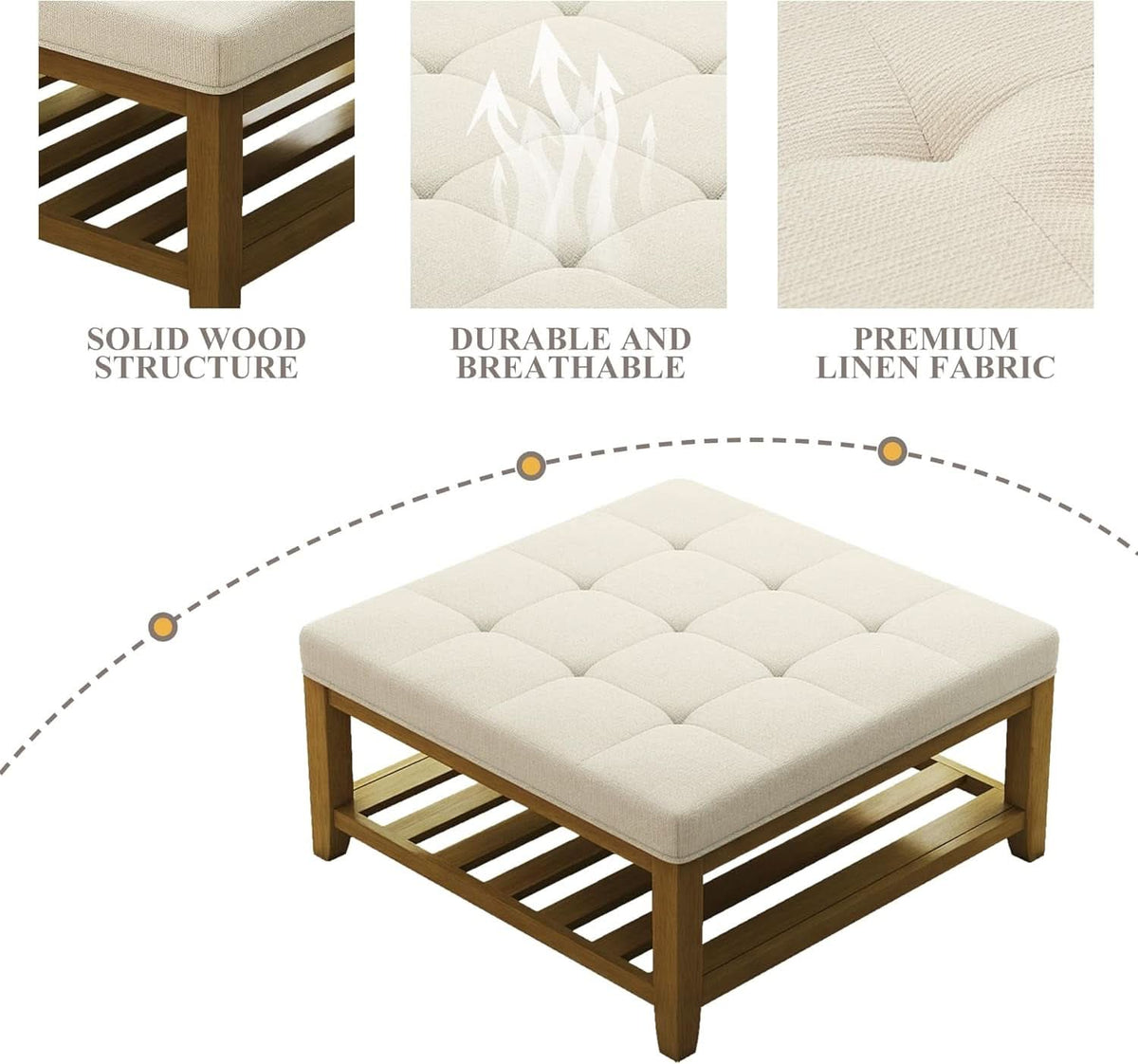 Oversized Ivory Upholstered Ottoman With Wooden Shelf