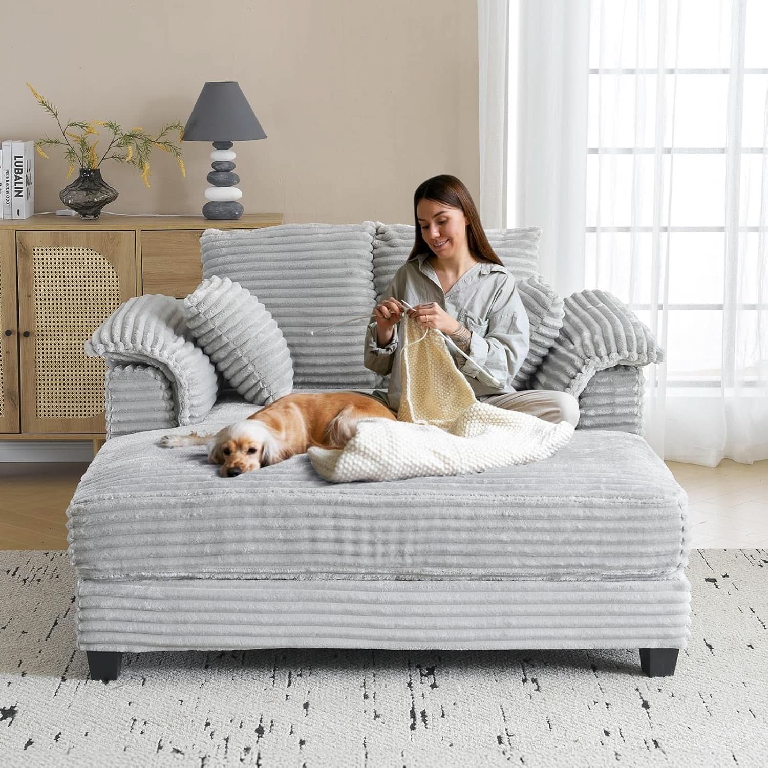 Oversized Light Grey Chaise Lounge Chair with Pillows