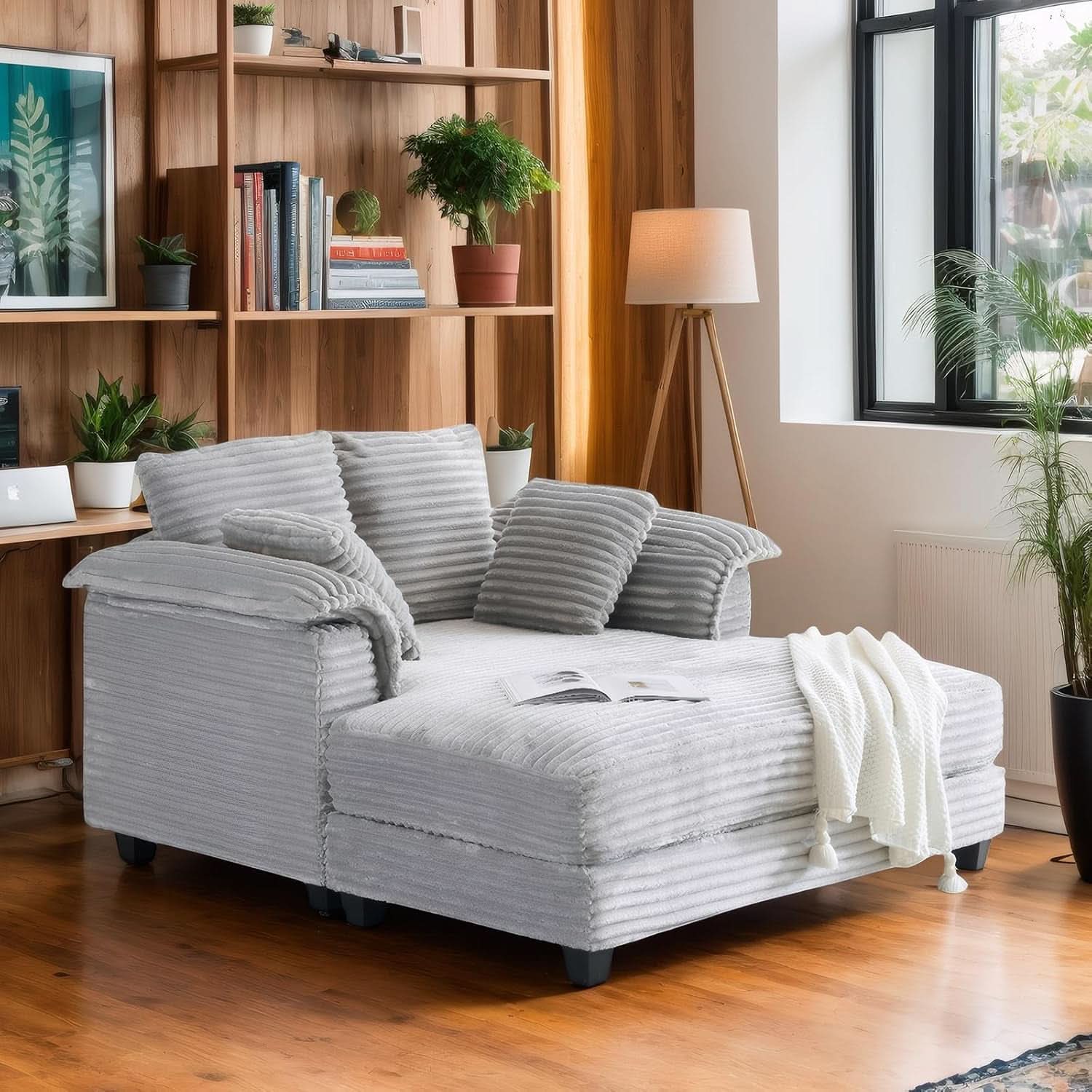 Oversized Light Grey Chaise Lounge Chair with Pillows