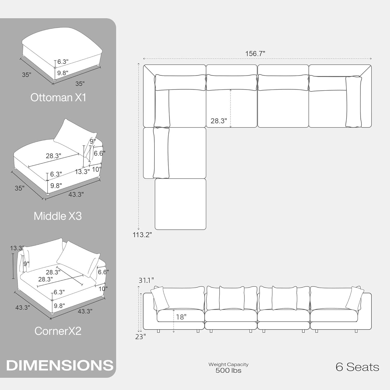Oversized Modular Sectional Sofa With Removable Cushion Covers