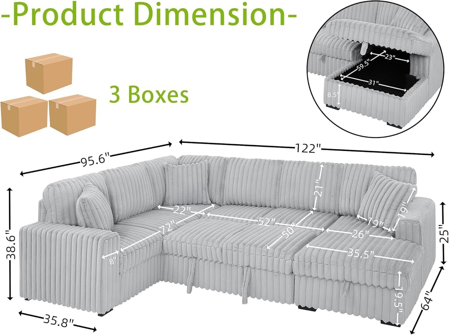 Oversized Plush Sectional Sofa with Pull Out Bed