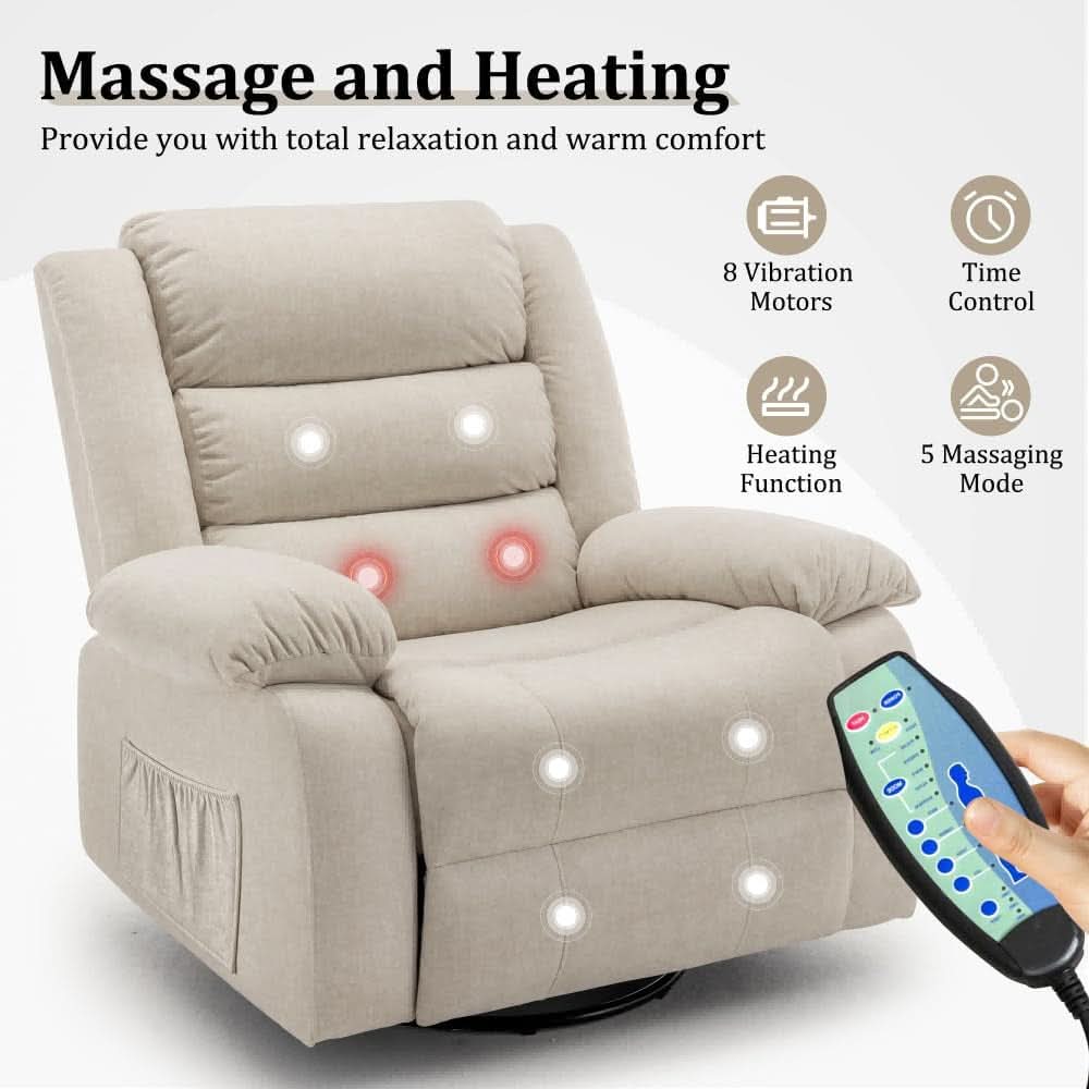 Oversized Recliner Chair With Massage And Swivel Beige