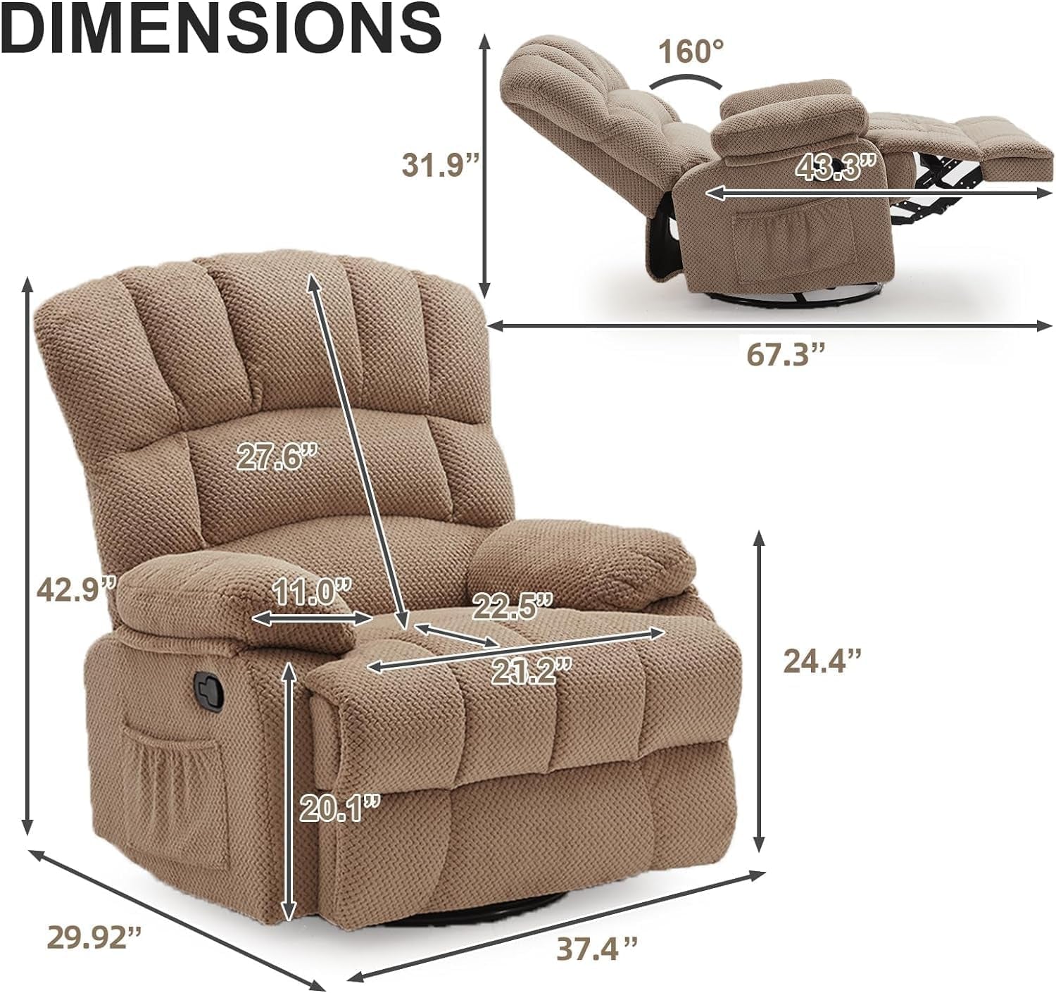 Oversized Rocker Recliner Chair With 360 Degree Swivel