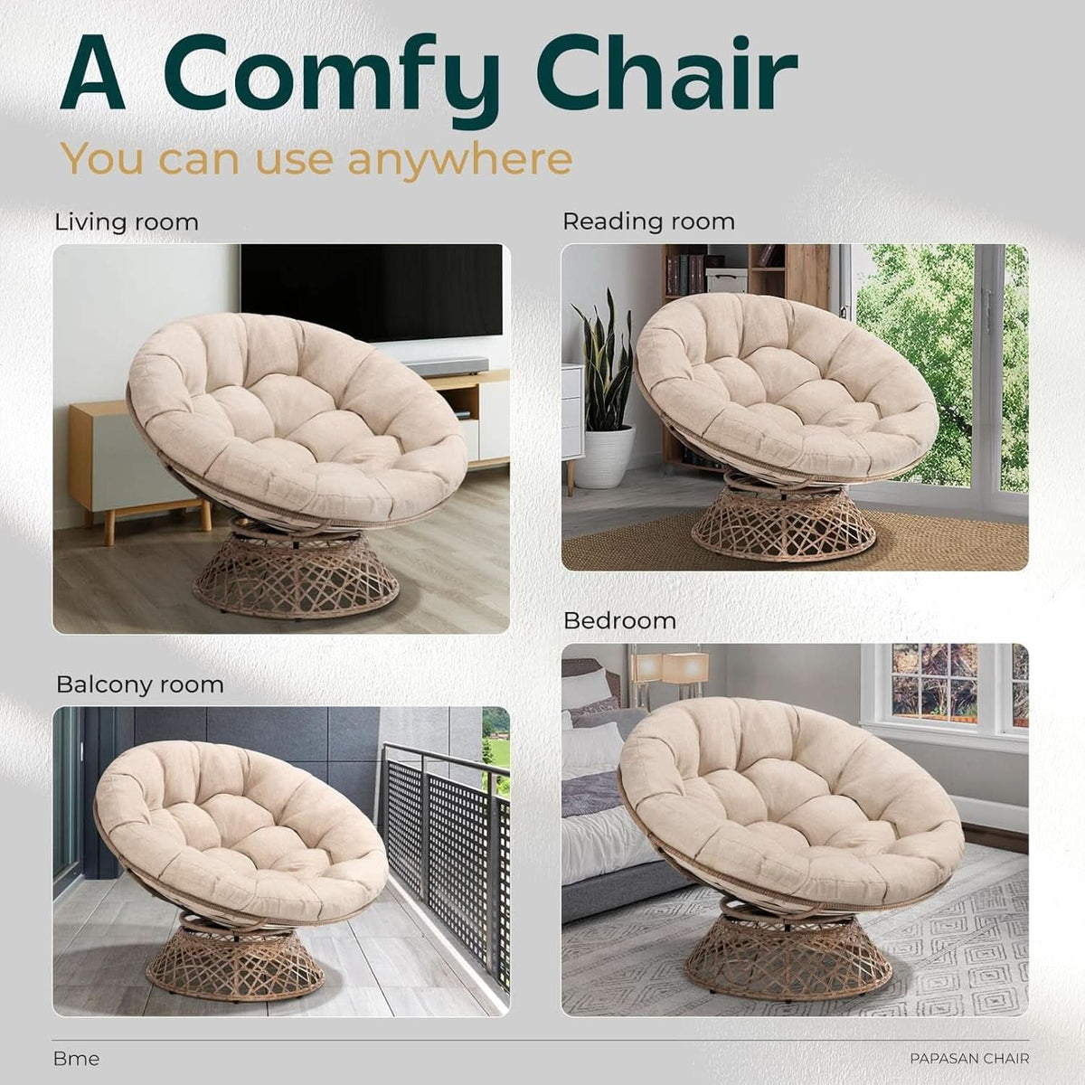Oversized Swivel Papasan Chair Luxurious Beige Cushion