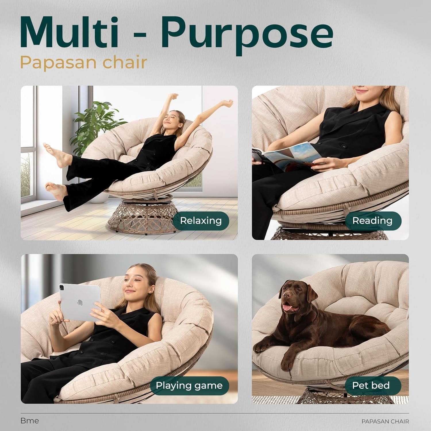 Oversized Swivel Papasan Chair Luxurious Beige Cushion