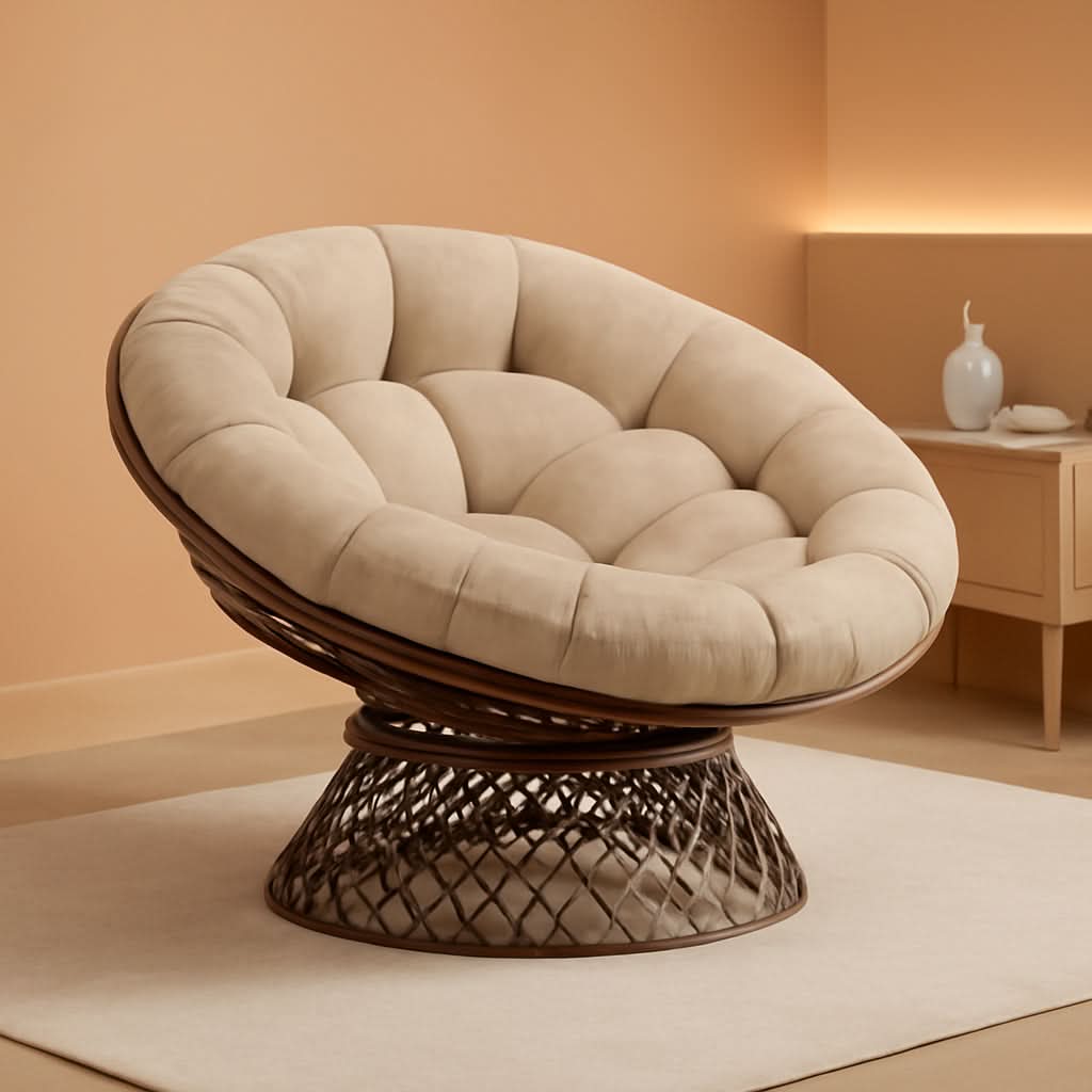 Oversized Swivel Papasan Chair Luxurious Beige Cushion