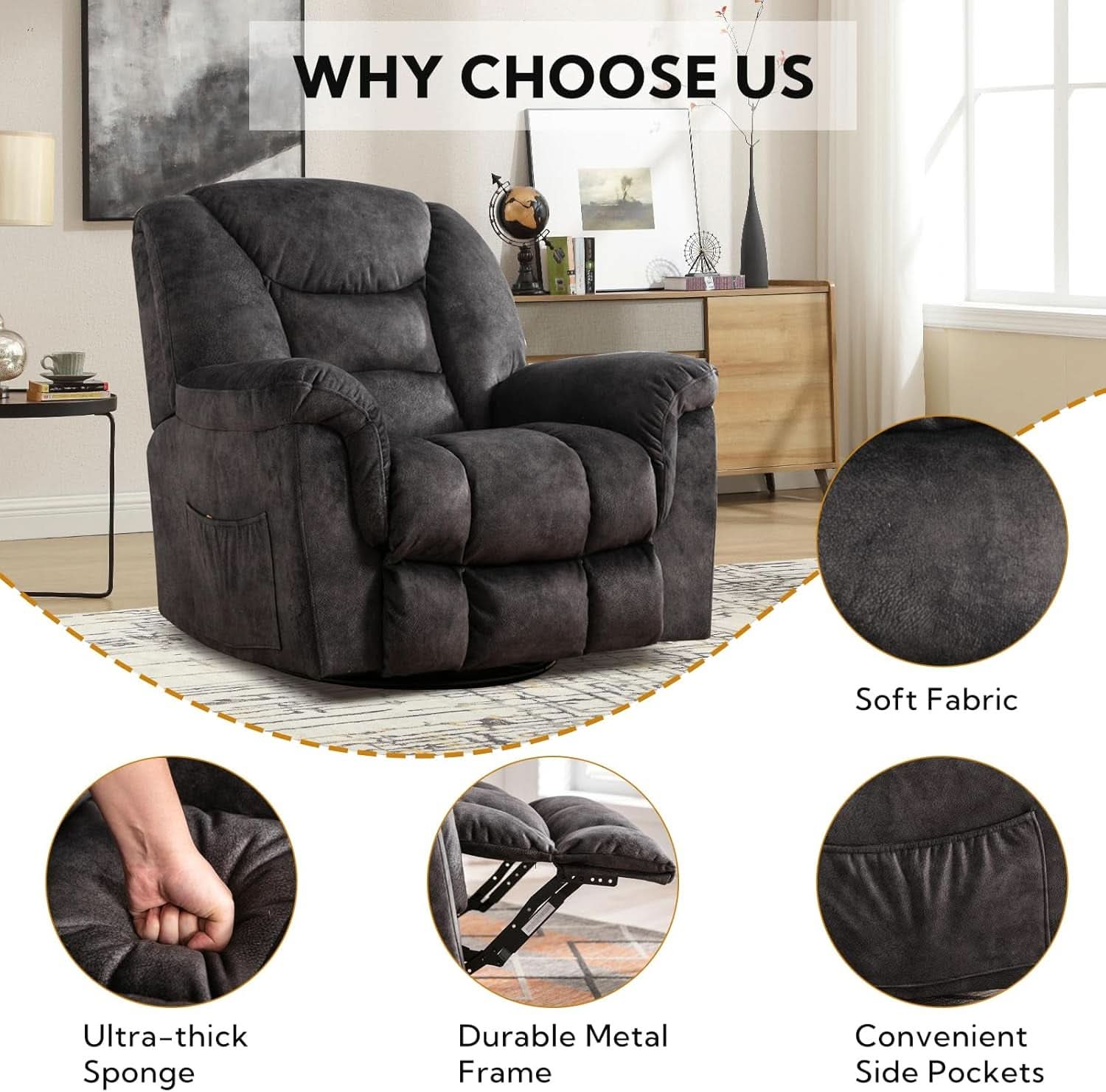 Oversized Swivel Recliner With Extra Wide Seat For Big And Tall