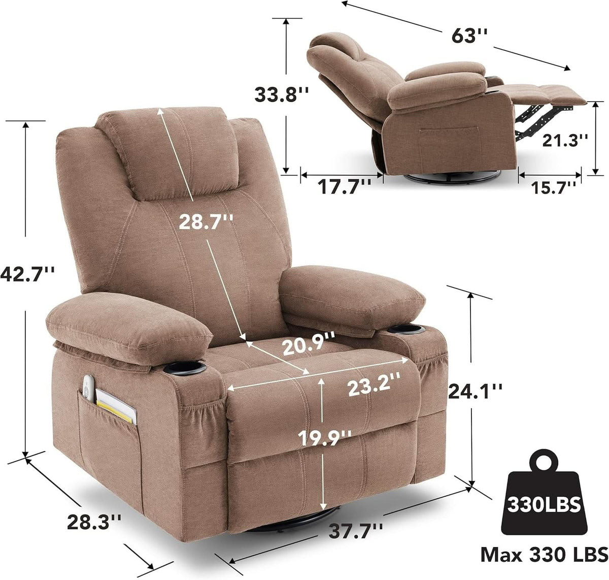 Oversized Swivel Rocker Recliner Chair With Heat Massage USB Port Brown Fabric