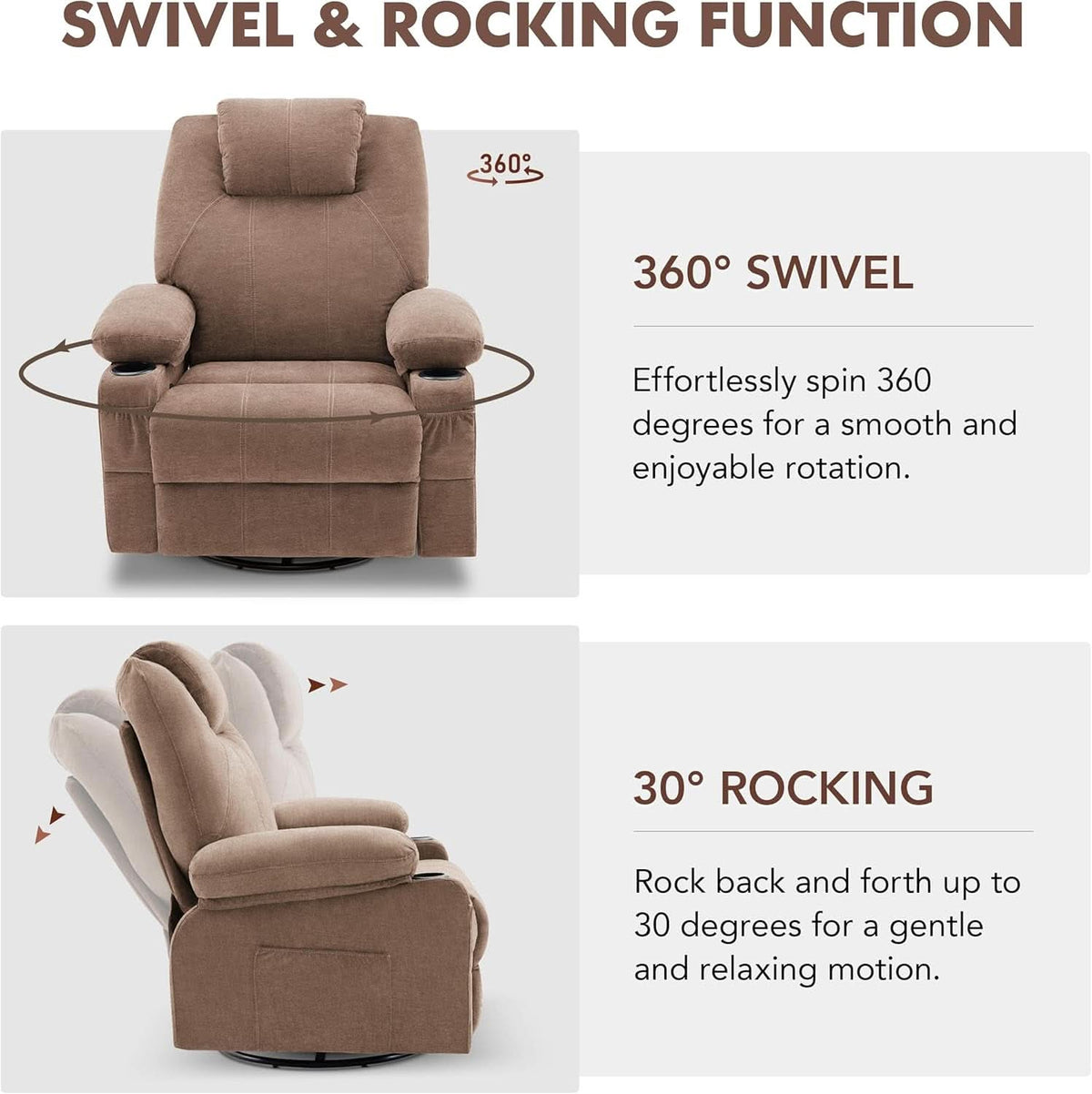 Oversized Swivel Rocker Recliner Chair With Heat Massage USB Port Brown Fabric