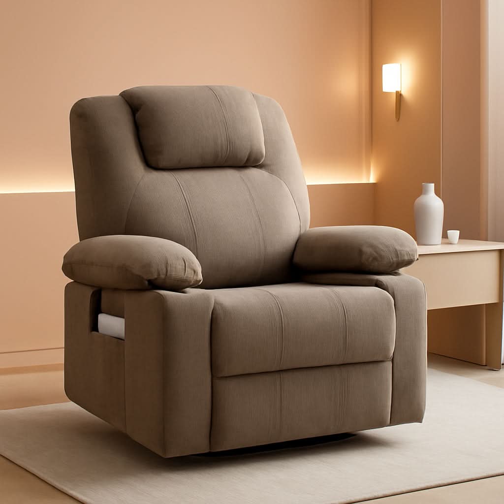 Oversized Swivel Rocker Recliner Chair With Heat Massage USB Port Brown Fabric