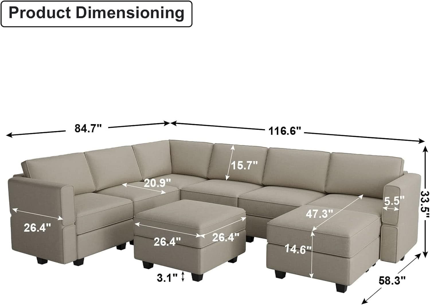 Oversized U Shaped Sectional Sofa With Hidden Storage