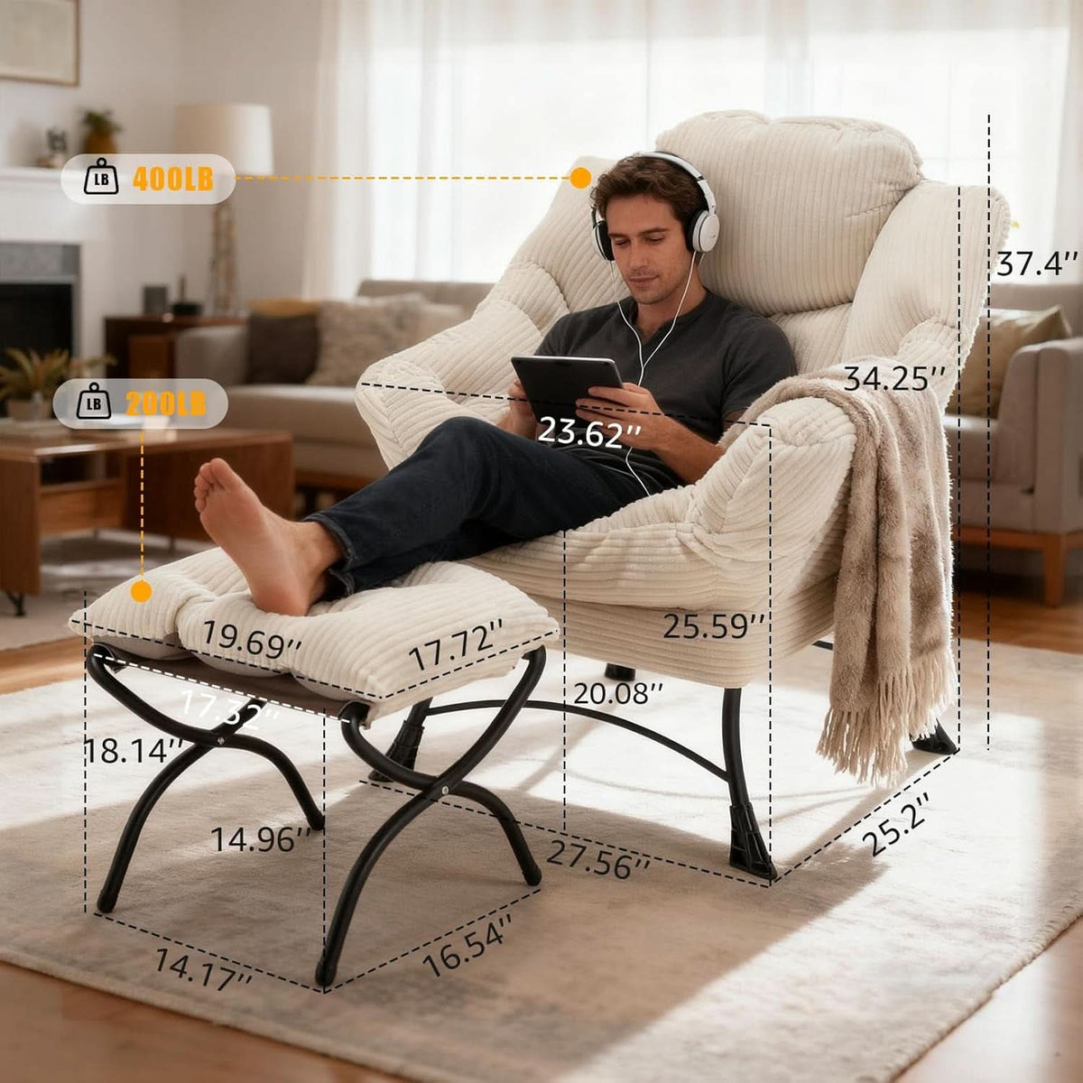 Oversized White Corduroy Reading Chair With Ottoman