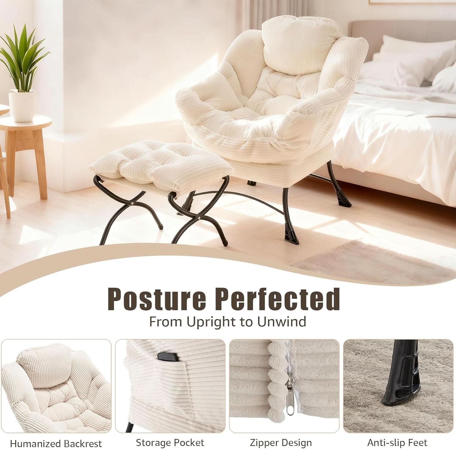 Oversized White Corduroy Reading Chair With Ottoman