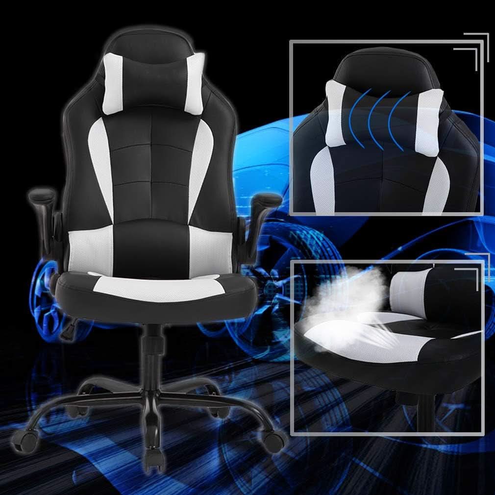 PC Gaming Chair White With Lumbar Support And Flip Up Arms